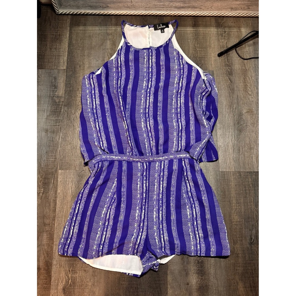Lulus Blue White Striped Halter Romper Sleeveless Open Back Pockets Womens M